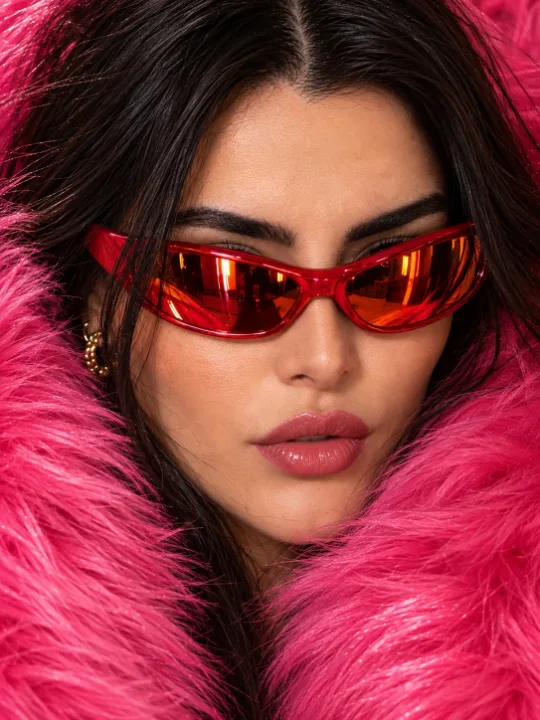 Generated: Red wraparound sunglasses, pink fur