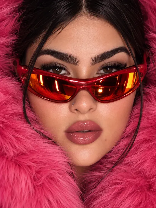 Generated: Red wraparound sunglasses, pink fur