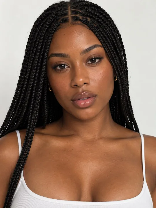 Real reference photo: a woman with long box braids, in a white top, against a plain wall